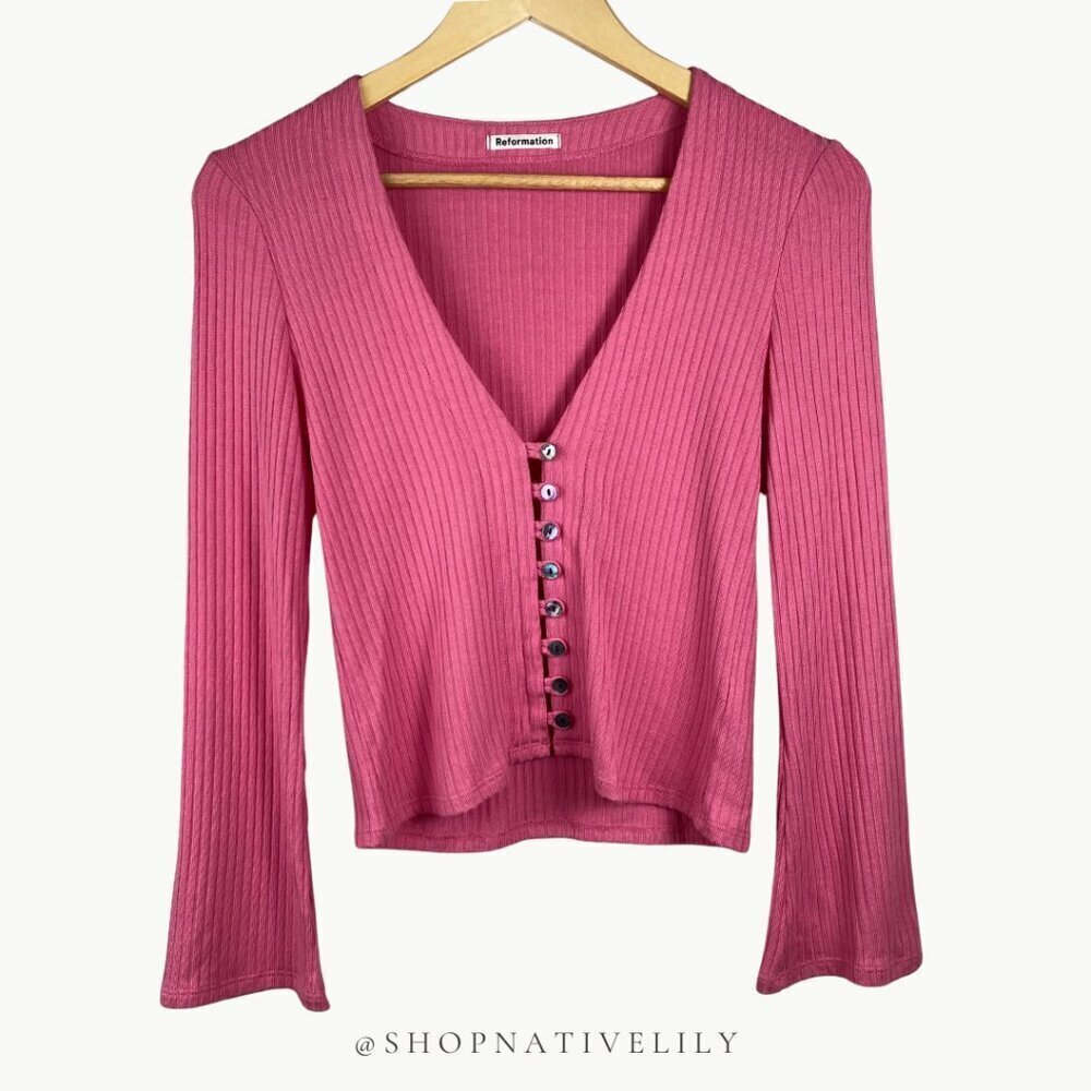 Reformation Pink Ribbed Button-Front Crop Top - Picture 2 of 12